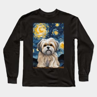 Adorable Lhasa Apso Dog Breed Painting in a Van Gogh Starry Night Art Style Long Sleeve T-Shirt